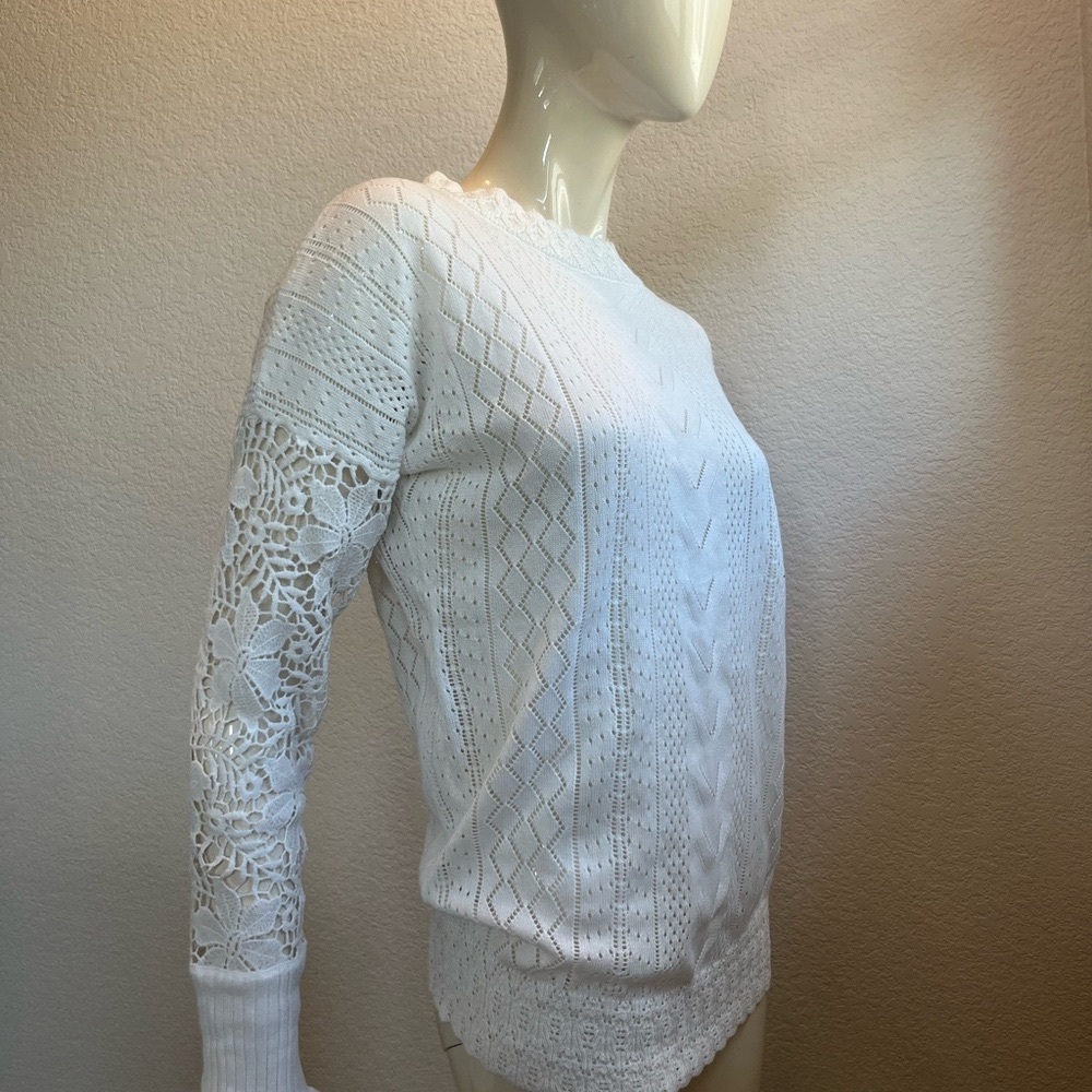 White Crew Neck Sweater with Lace Sleeves